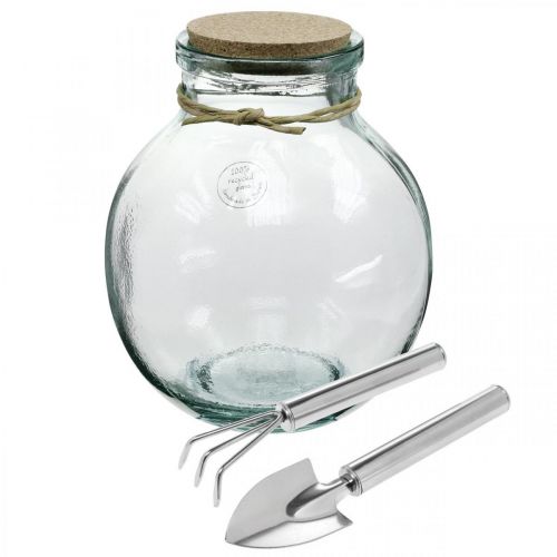 Floristik24 Flaskträdgårdsset glas med korklock och verktyg Ø21cm H25cm