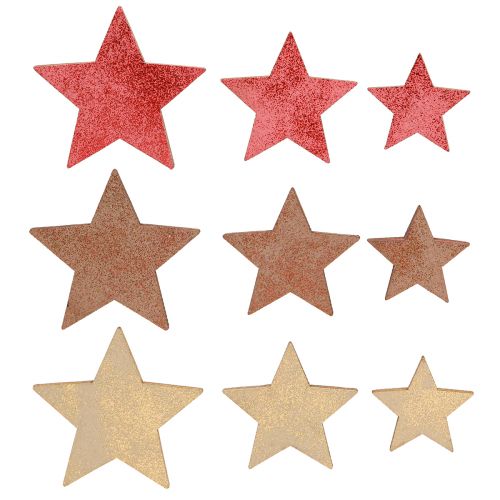 Artikel Bordsdekoration stjärnor trä jul 3 färger Ø3–5cm 48 st