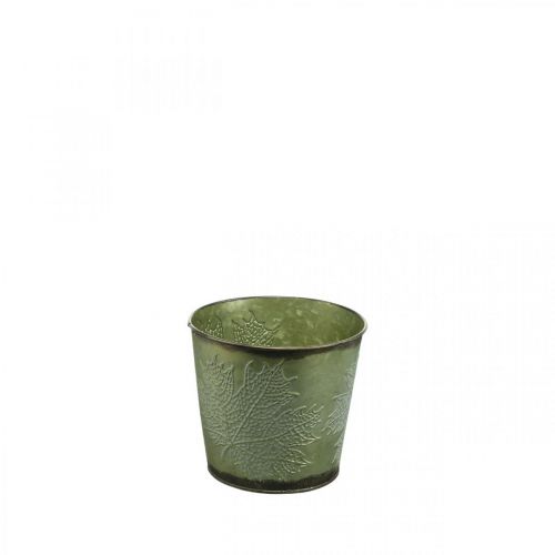 Floristik24 Planter med bladdekoration, metallkärl för hösten, grön växtskopa Ø10cm H10cm