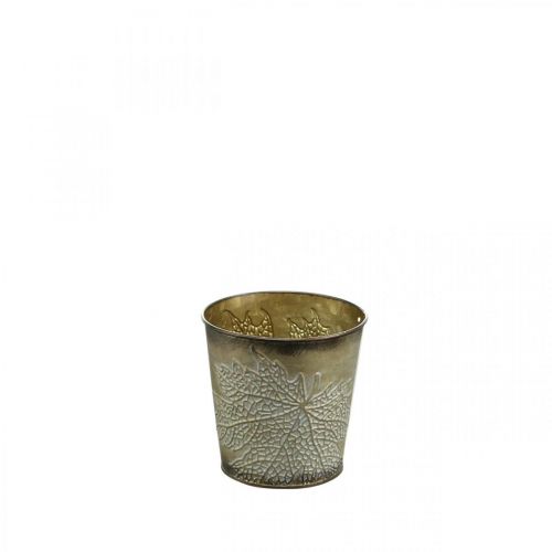 Floristik24 Planter för hösten, metallkruka med bladdekoration, guldplanter Ø10cm H10cm