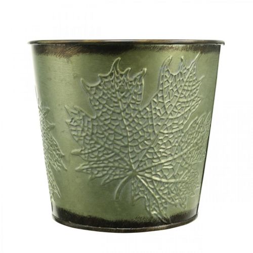 Artikel Planteringskärl för hösten, planteringskärl med bladdekor, metallhink grön Ø14cm H12,5cm