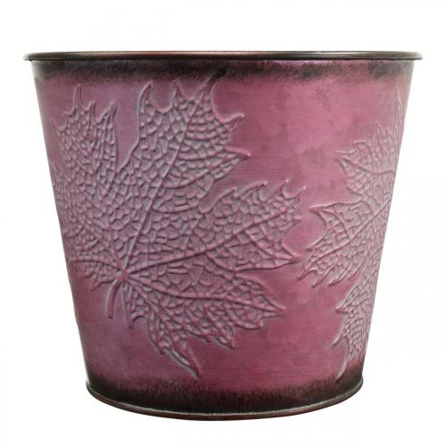 Artikel Växtkruka med bladdekor, höstdekoration, metallkruka vinröd Ø16,5 cm H14,5 cm