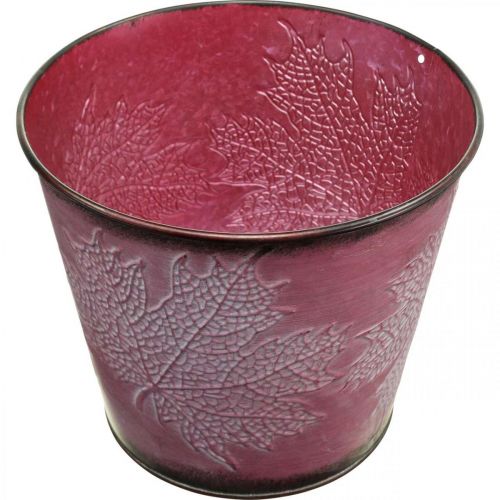 Artikel Växtkruka med bladdekor, höstdekoration, metallkruka vinröd Ø16,5 cm H14,5 cm