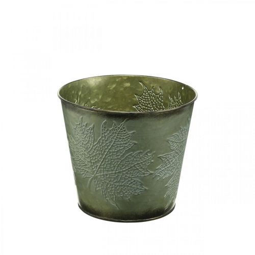 Dekorativ hink med bladdekoration, höstkruka, metalldekoration grön Ø17cm H14,5cm