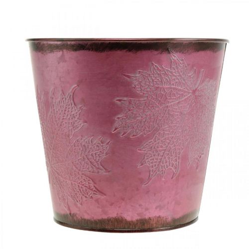 Artikel Planteringskärl, metallhink med löv, höstdekoration vinröd Ø18cm H17cm