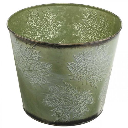 Floristik24 Planter, metallkruka med lönnlöv, höstdekoration grön Ø25,5cm H22cm