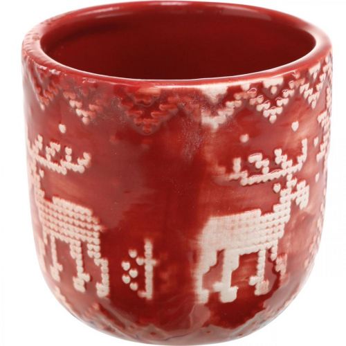 Floristik24 Keramisk dekoration med ren, adventsdekoration, planter med norskt mönster röd / vit Ø7,5cm H7cm 6st