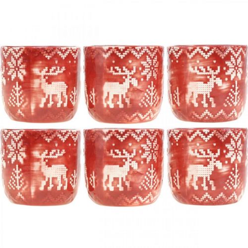 Floristik24 Keramisk dekoration med ren, adventsdekoration, planter med norskt mönster röd / vit Ø7,5cm H7cm 6st