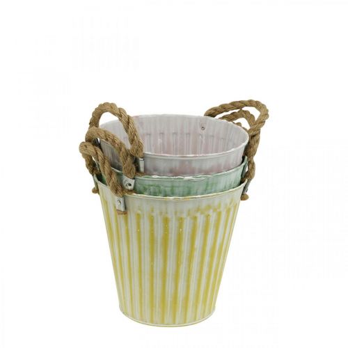 Växthink, metallkruka med handtag, dekorativ planteringskruka för plantering rosa/grön/gul shabby chic Ø12cm H10cm set om 3