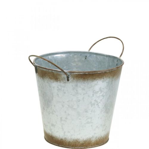 Artikel Planteringskruka av metall, blomskål, växtkruka med handtag silver, patina Ø18cm H20cm