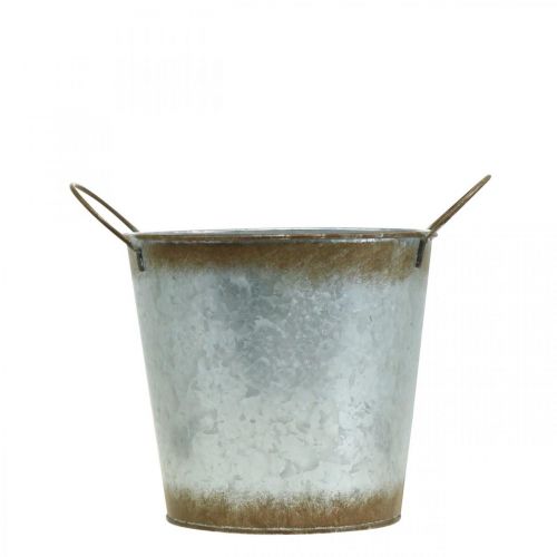 Artikel Planteringskruka av metall, blomskål, växtkruka med handtag silver, patina Ø18cm H20cm