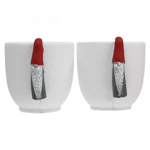 Artikel Julkruka med tomte, adventsdekoration, betongkruka vit, röd Ø8cm H12,5cm 2st