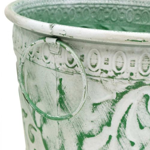 Artikel Metallkrukor med handtag, planteringskärl med prägling vit, grön shabby chic H20,5/18,5/16cm Ø25,5/20,5/15,5cm set om 3