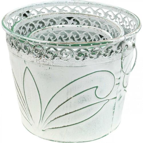Artikel Plåthink med prägling, planteringskärl med handtag vit, grön shabby chic H22/19,5/17,5 cm Ø25,5/20,5/15,5 cm set om 3