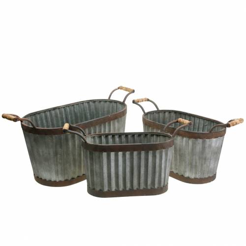 Planteringskruka med handtag ovala metall 45/50/60cm set om 3