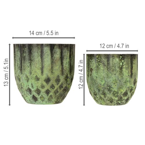 Artikel Vintage blomkruka i metall, grön, Ø14/12 cm, set om 2