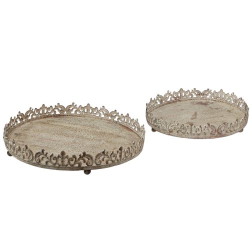 Floristik24 Vintage dekorativ bricka rund med fötter grå Ø30/35cm set om 2 delar