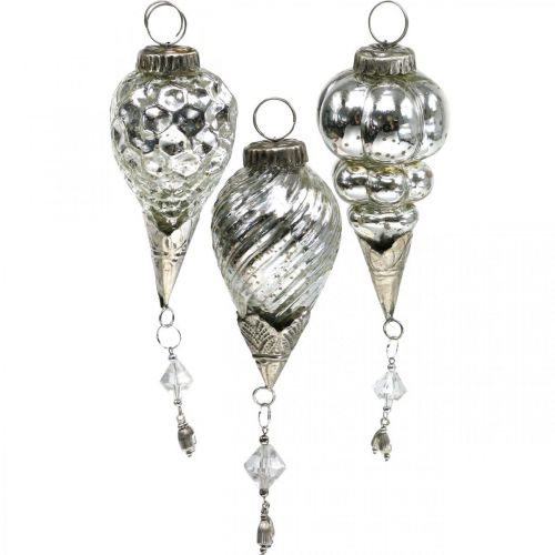 Floristik24 Vintage julhänge glasdroppar silver 20cm 3st
