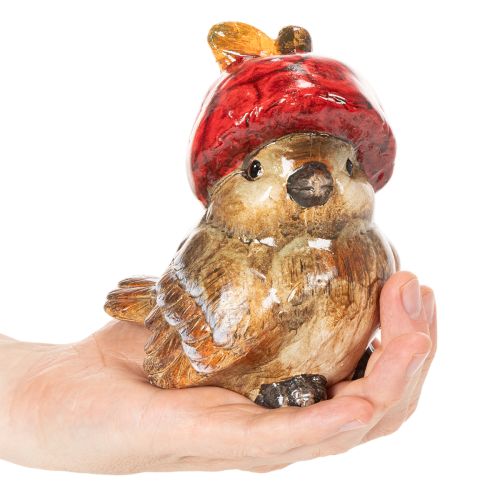 Dekorativ fågelfigur med röd äppelhatt, höstdekoration, 13 cm | Floristik24.se