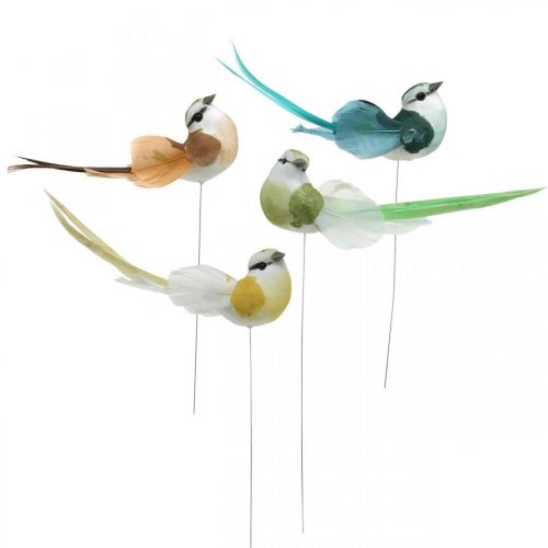 Deco fåglar, vårdekoration, fåglar med fjädrar, sommar, fåglar på tråd, färgglada H3,5cm 12 stycken
