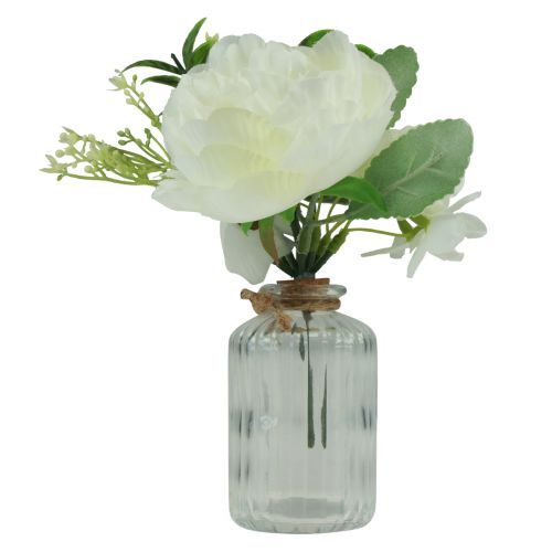 Bordsdekoration pion vit i glasvas konstgjord 20cm