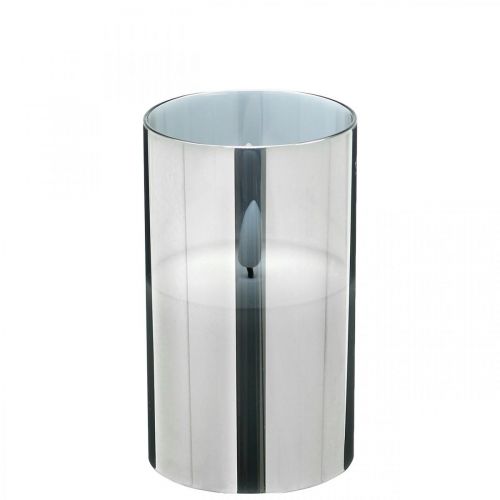 Festligt LED-ljus i silverglas, äkta vax, varmvitt, timer, batteridrivet Ø7,3cm H12,5cm