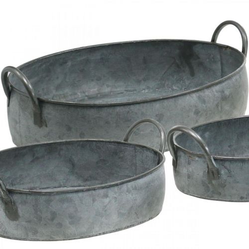 Floristik24 Planteringskruka med handtag, zinkbalja, blomsterskål i antikt utseende, silver L35,5 / 30,5 / 26,5 cm, set om 3