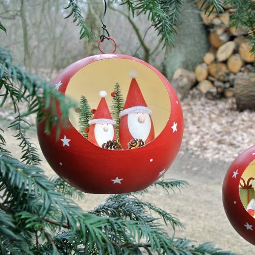 Artikel Julkula att hänga jultomtar och LED röd Ø20cm för batterier
