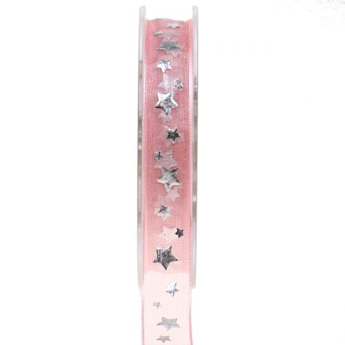 Floristik24 Julband organza rosa med stjärnmotiv 15mm 20m