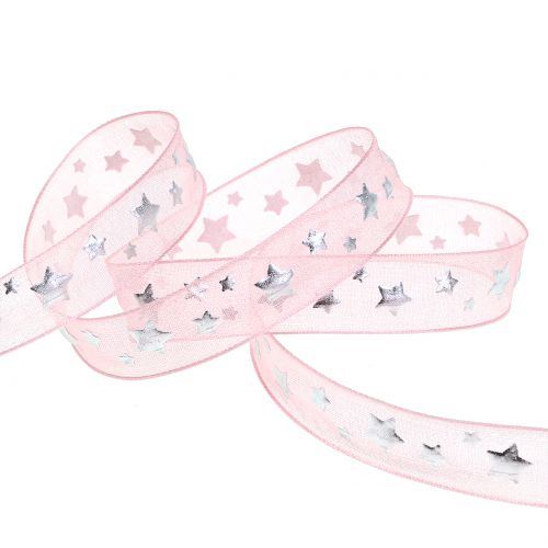 Artikel Julband organza rosa med stjärnmotiv 15mm 20m