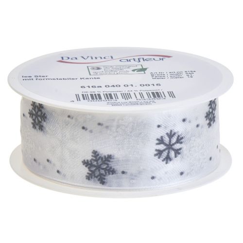 Artikel Julband organza snöflingor vit grå 40mm 15m