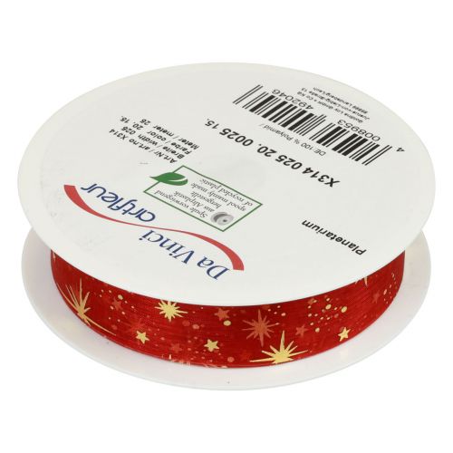 Floristik24 Ribbon Christmas, organza röd stjärnmönster 25mm 25m