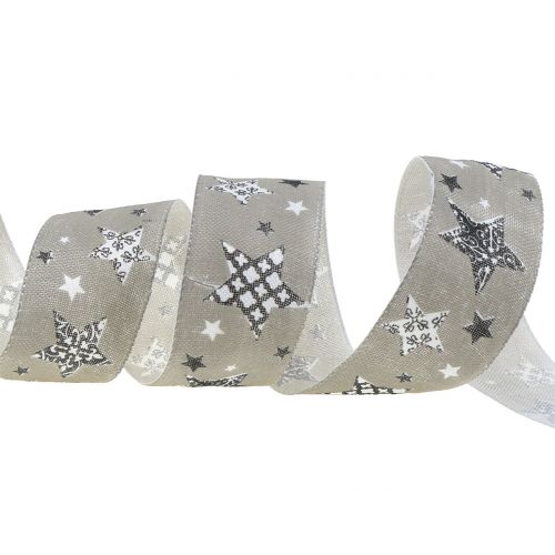 Floristik24 Julband med stjärnmotiv grått 40mm 20m