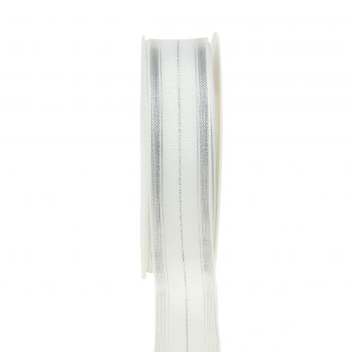 Julband med genomskinliga lurexränder vit, silver 25mm 25m