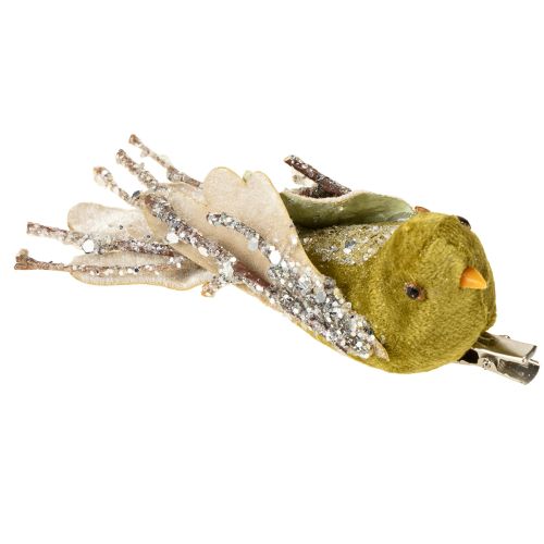 Artikel Juldekorationsfågel med klämma grön, glitter 12cm 6 st blandade
