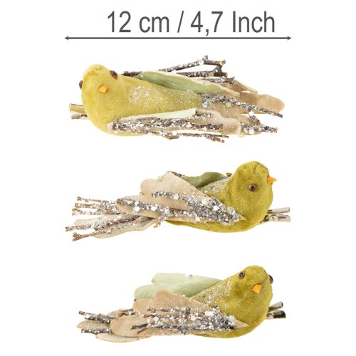 Artikel Juldekorationsfågel med klämma grön, glitter 12cm 6 st blandade