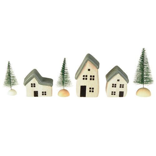 Julby trähus granar gröna och vita 5-8 cm set om 6