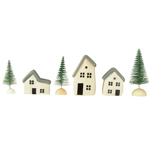 Artikel Julby trähus granar gröna och vita 5-8 cm set om 6
