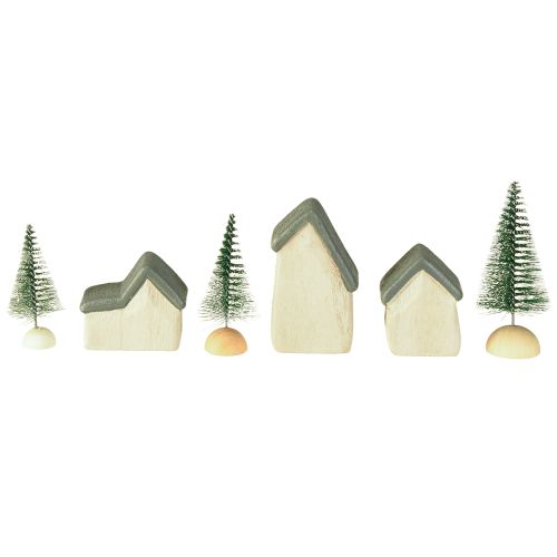 Artikel Julby trähus granar gröna och vita 5-8 cm set om 6
