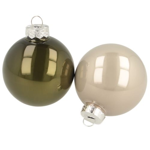 Julgranskulor i glas, set om 2, blanka i oliv- och sandfärger med galge, 5 cm, 24 st