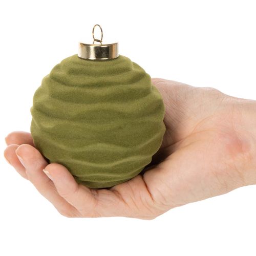 Julgranskula, sammetslook, grön, texturblandning, 8 cm, 12 stycken, flockad julkula, mossgrön, plastkulor, mossgrön flockad, bomullssnören ingår till varje kula | Floristik24.se