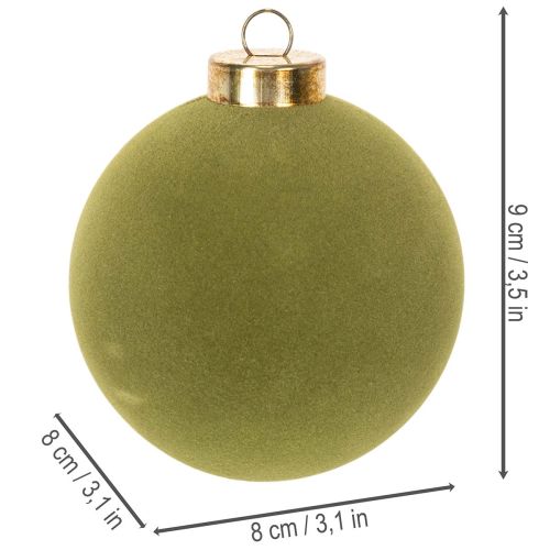 Julgranskula, sammetslook, grön, texturblandning, 8 cm, 12 stycken, flockad julkula, mossgrön, plastkulor, mossgrön flockad, bomullssnören ingår till varje kula | Floristik24.se