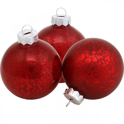 Julgranskula, trädhäng, julkula röd marmorerad H6,5cm Ø6cm äkta glas 24st