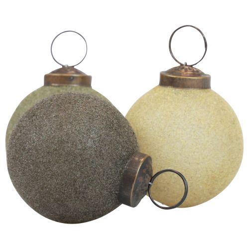 Artikel Julkulor glas flockade gul/grön/grå Ø6cm 3st
