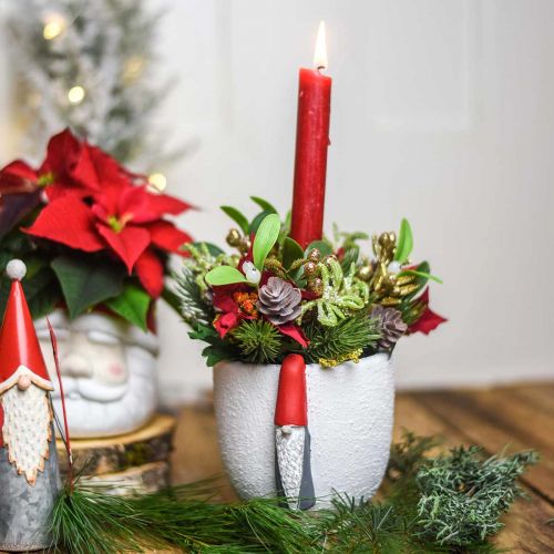 Artikel Julkruka med tomte, adventsdekoration, betongkruka vit, röd Ø8cm H12,5cm 2st
