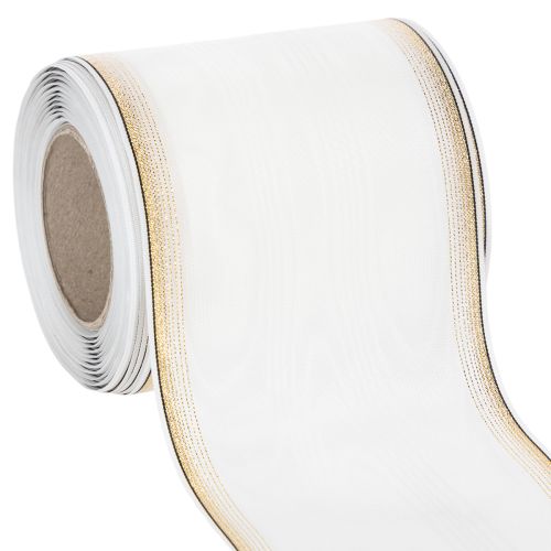 Floristik24 Vitt moiré-kransband med pärlkant och taftband, dekorativt band, sorgband, bredd 100 mm, längd 25 m