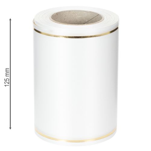 Artikel Vitt kransband med guldkant för datorutskrift, satinband, vattentätt, 25m x 125mm