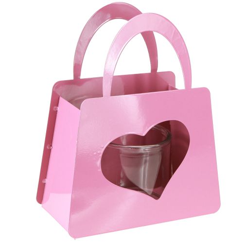 Lykta i metall med glasinsats rosa hjärta H26cm