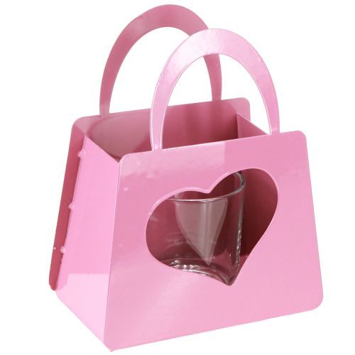 Lykta i metall med glaspåse rosa H18cm 2 st