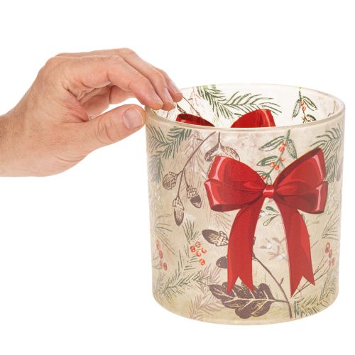 Ljusstake i glas med rött band och vintergrenar, 15 cm | Floristik24.se